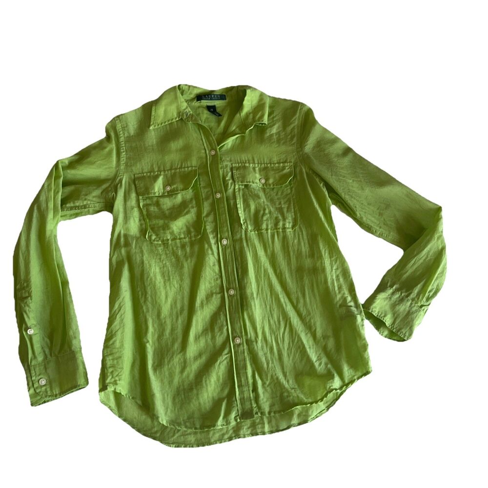 Lauren Ralph Lime Green Button Down Blouse EUC Size XS  Silk Cotton Preppy